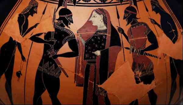 Attic black-figure amphora depicting Menelaus leaving Troy with Helen, 6th century BC, Antikensammlung, Berlin