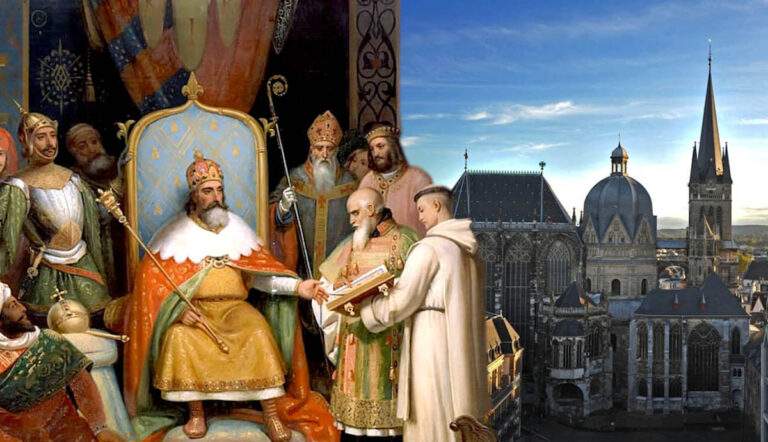 charlemagne alcuin with aachen cathedral carolingian dynasty