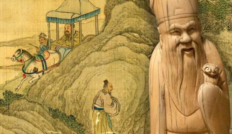 confucious silk scene and ivory statue