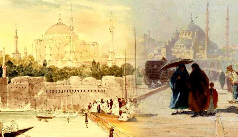 galata bridge constantinople illustration ottoman empire watercolor