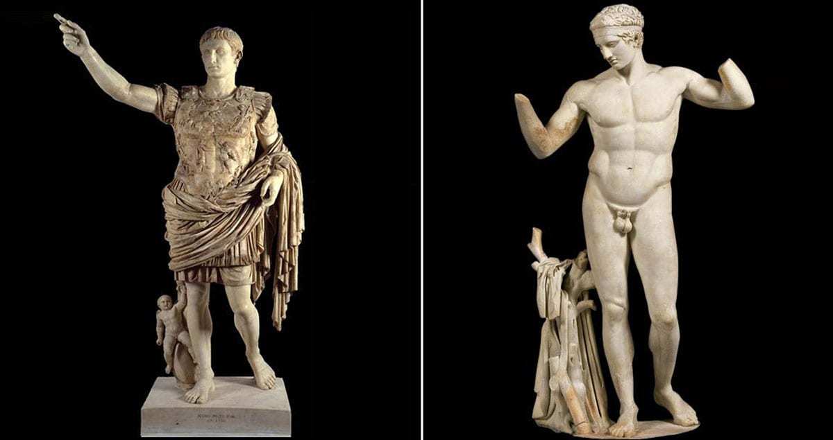 Clothed Roman Emperor vs. naked Greek athlete, via Rome on Rome
