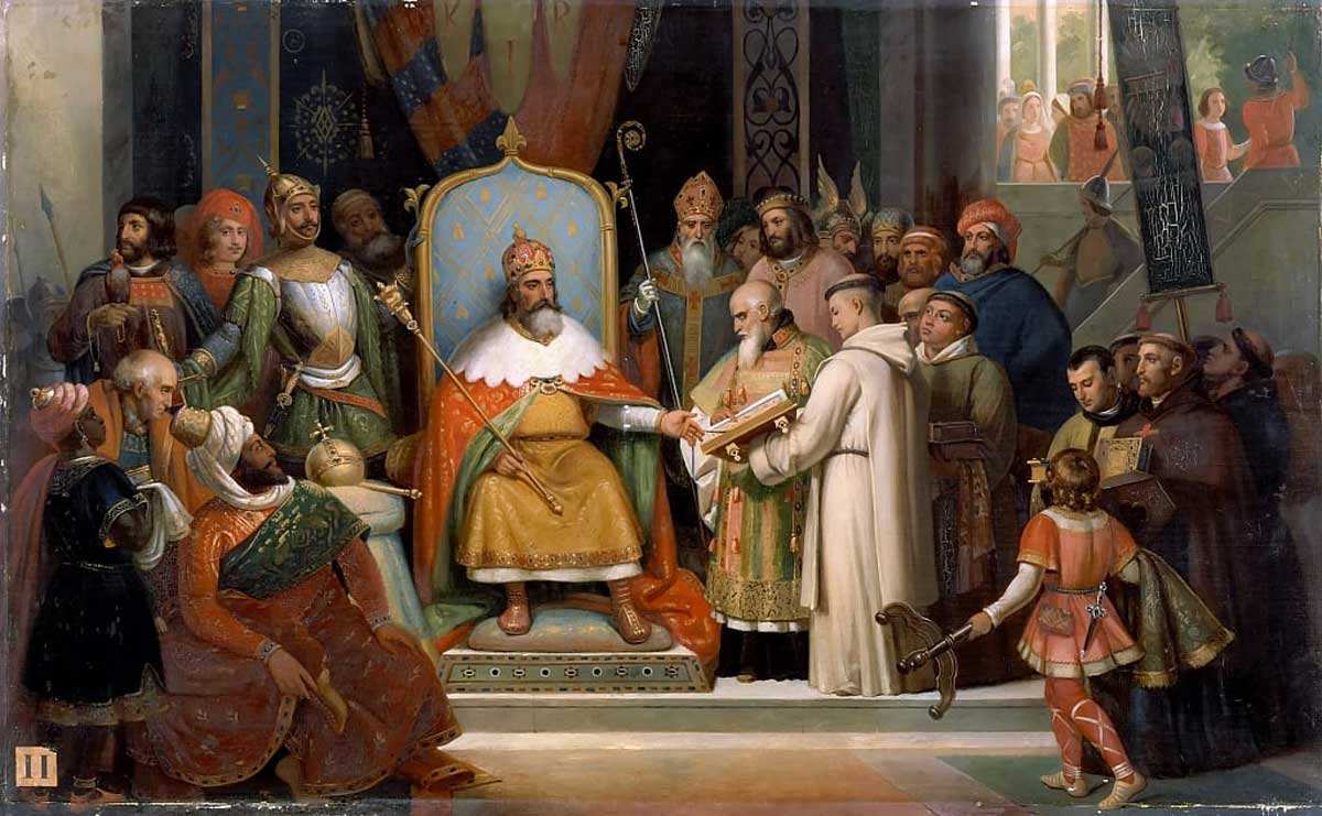 jean victor schnetz charlemagne receives alcuin painting