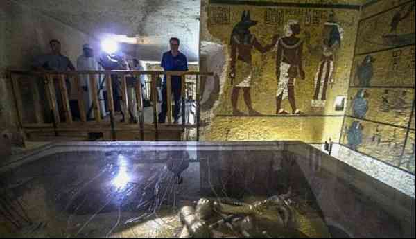 The golden sarcophagus of King Tutankhamun in his burial chambe