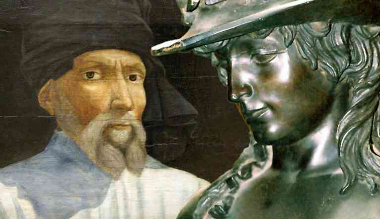 Portrait of Donatello with bronze David sculpture