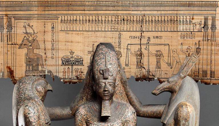 seth book of the dead papyrus with sculpture