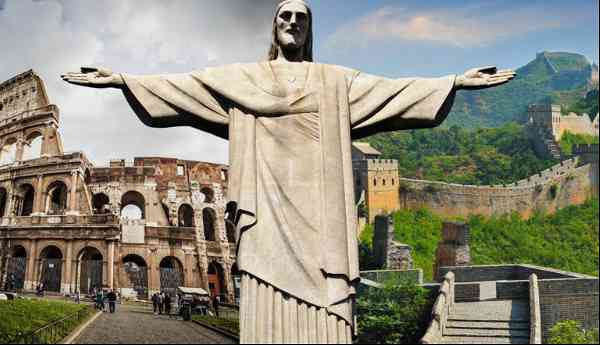 seven wonder of the world, including christ statue, colosseum, and the great wall of China.
