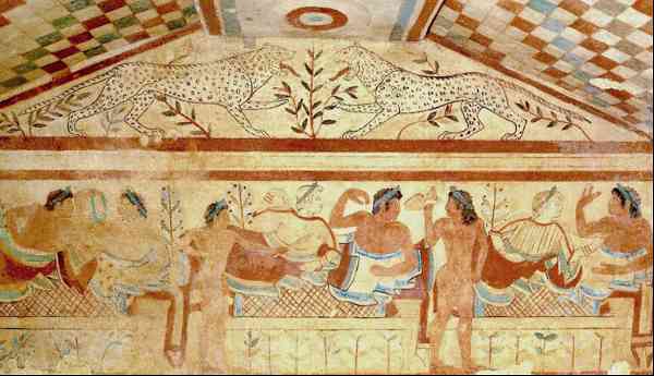 Wall painting from the Tomb of the Leopards in the necropolis at Tarquinia in Italy showing a banquet scene.
