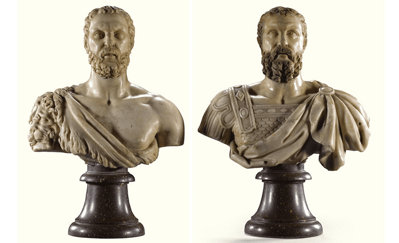 A pair of marble busts of Roman Emperor and Hercules. Note the similarities in hairstyle and facial hair. Estimated price: 6,000 — 8,000 GBP, sold for 16 250 GBP, via Sothebys.
